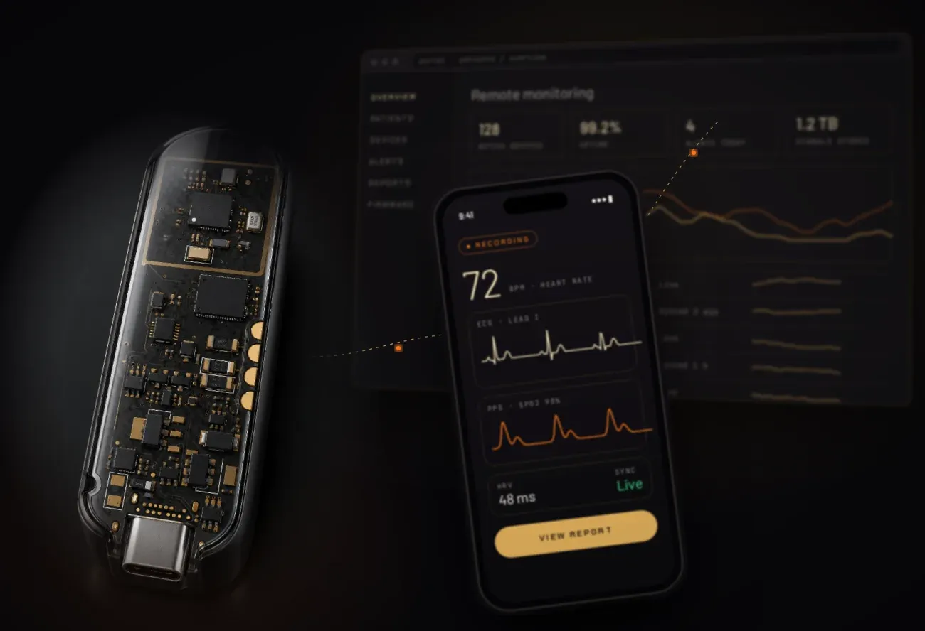 Biosignal device streaming live ECG and PPG to a mobile app and a remote monitoring web portal
