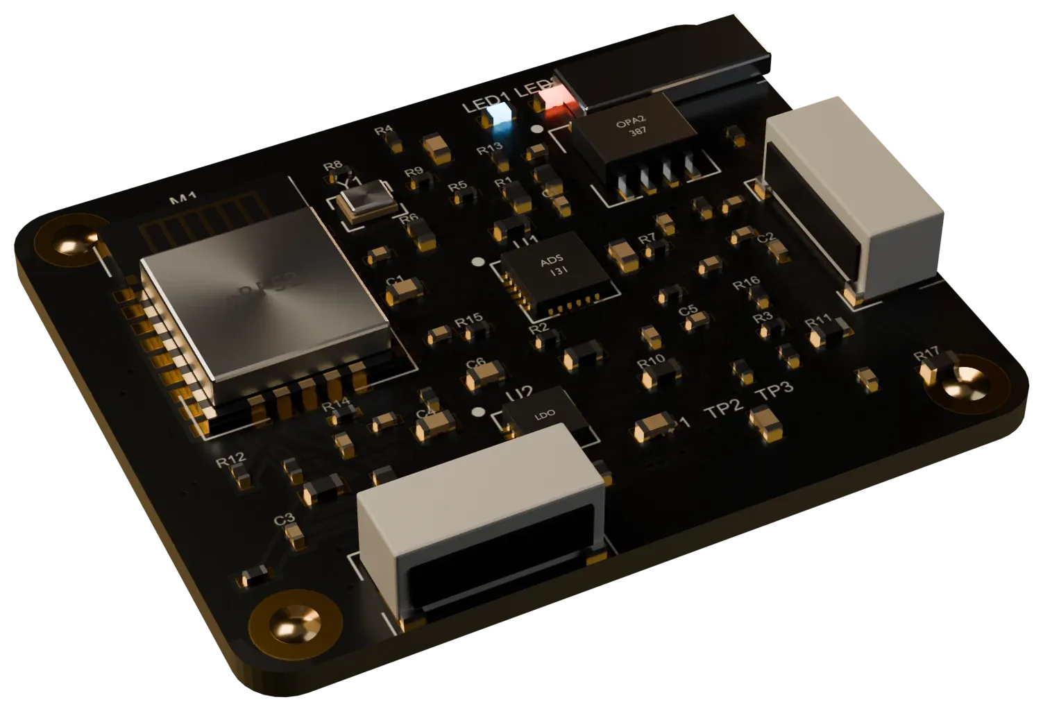 3D render of the ADC board with its BLE module, analog front end and sensor connectors