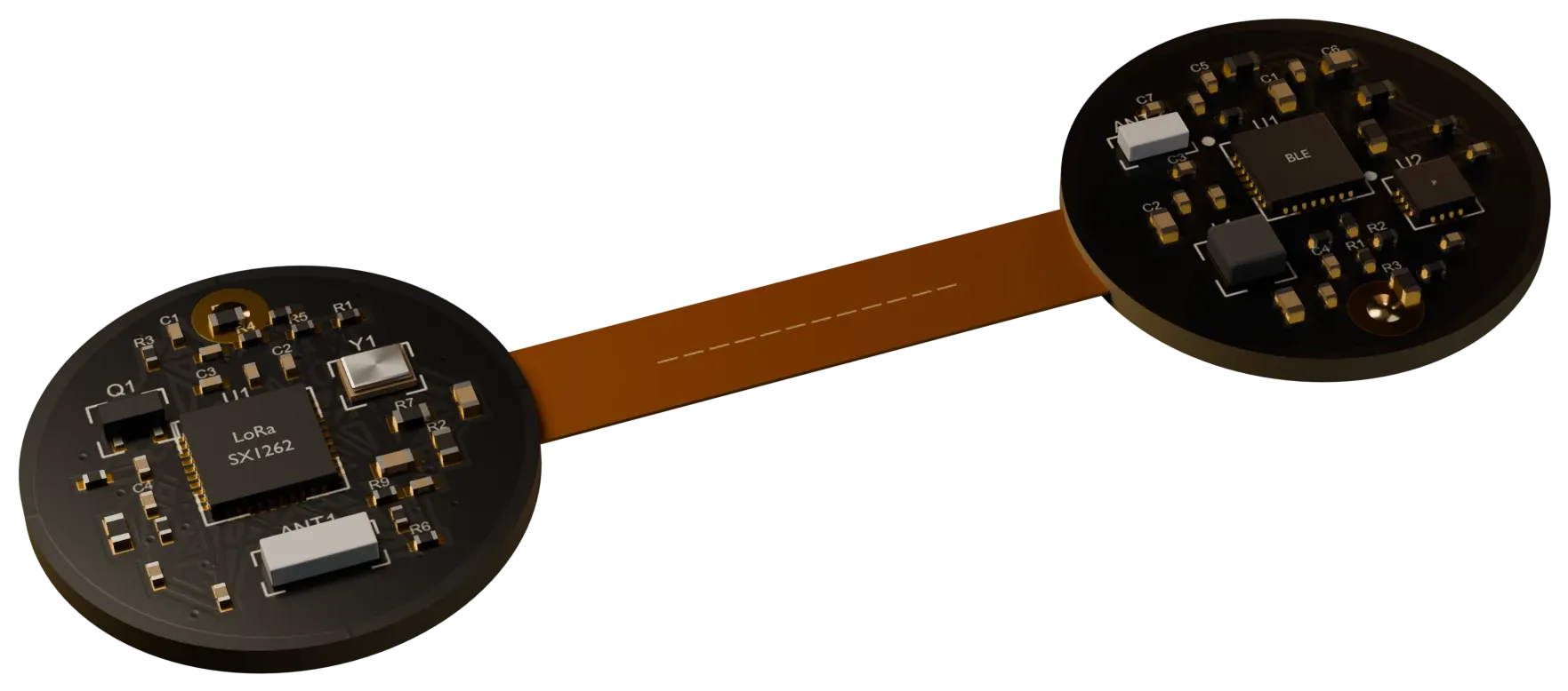 3D render of the sensor electronics: two round boards joined by a flex tail, with the LoRa and BLE radios
