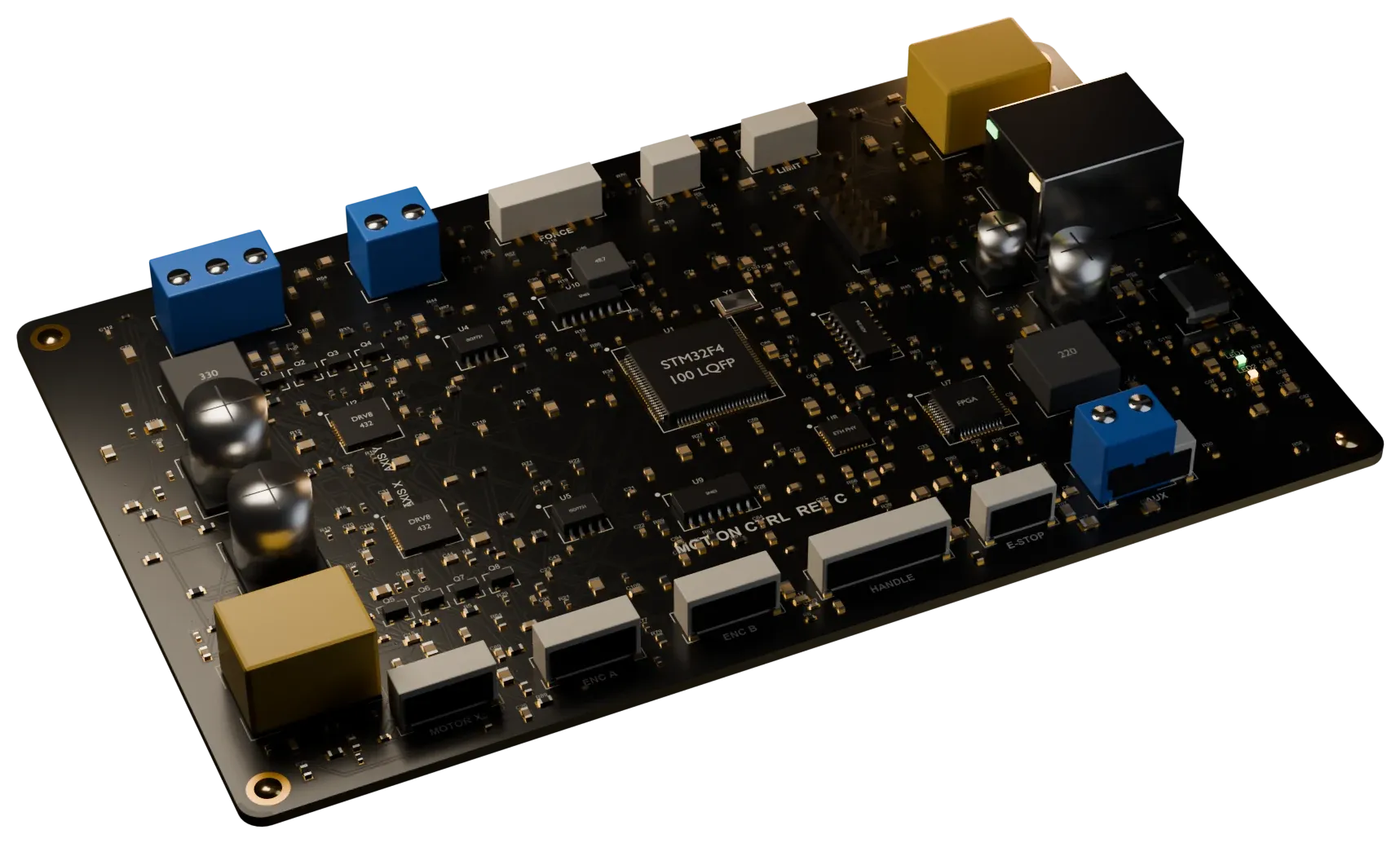 3D render of the motion controller board with its motor drivers, encoder and safety connectors