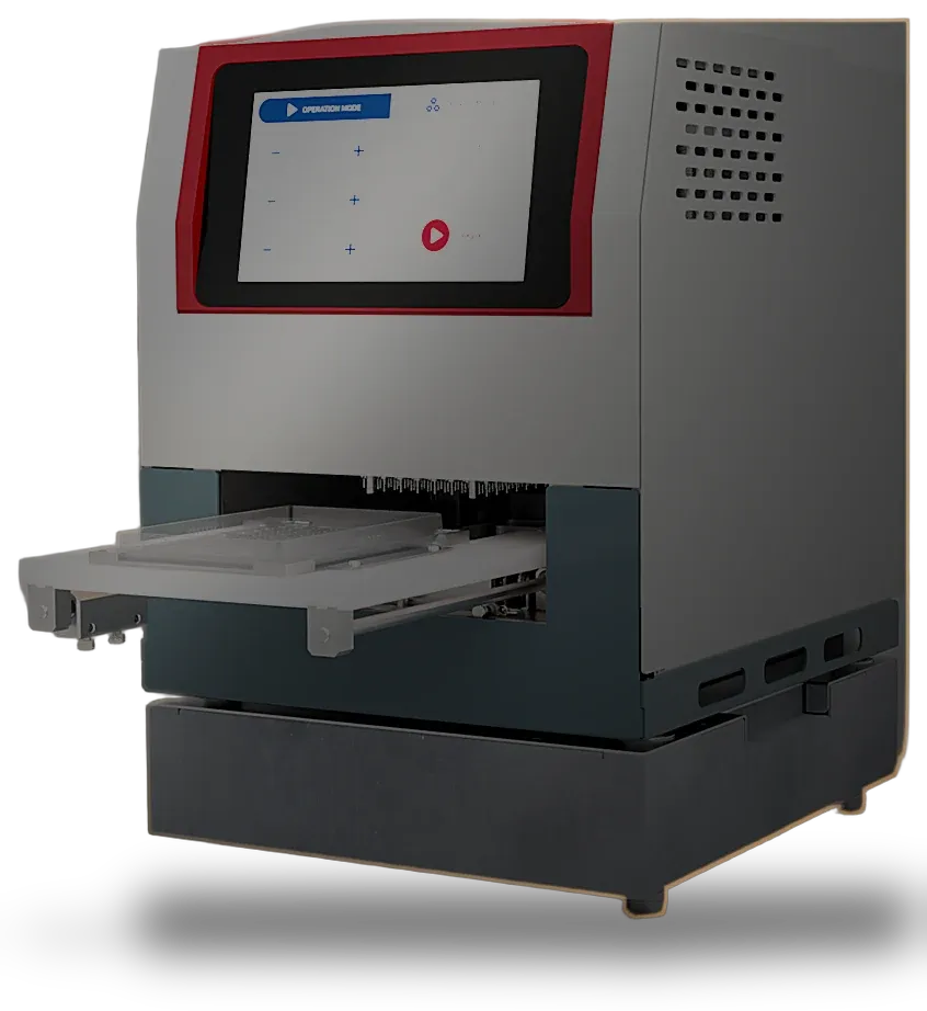 The cell washing instrument with its touch screen and plate stage, which our compute unit runs