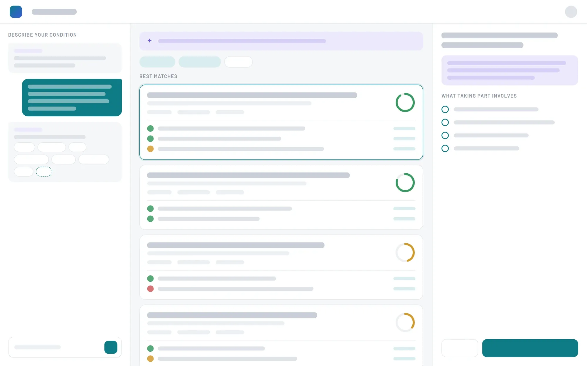 Desktop wireframe: the patient's description and profile on the left, ranked trial matches with their criteria in the middle, and the chosen trial on the right