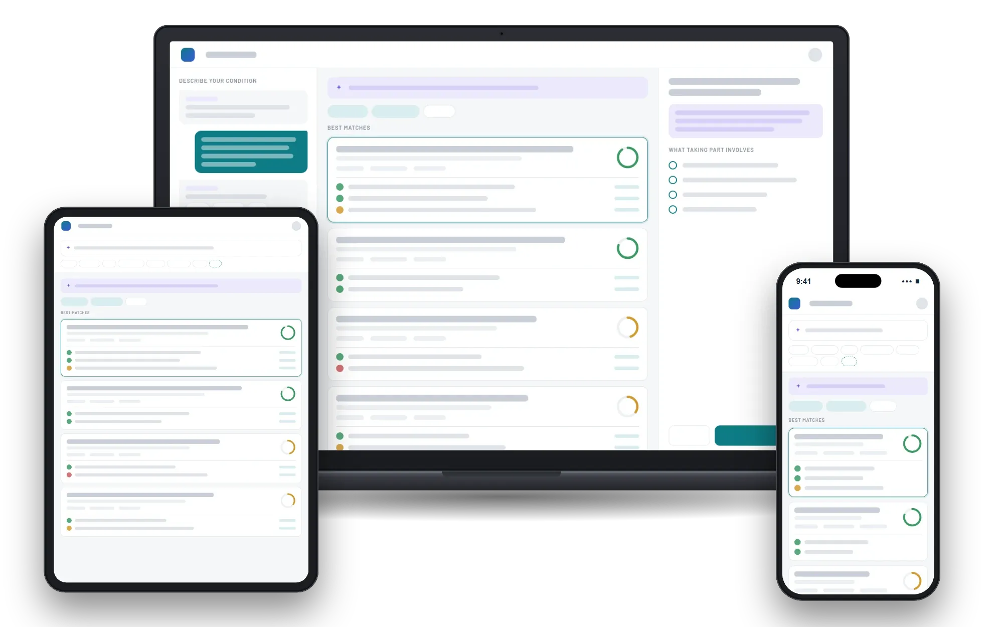 Wireframe of the clinical trial search app on a laptop, a tablet and a phone, with ranked trial matches