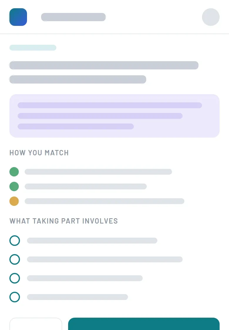 Phone wireframe: one trial with a plain language summary, how the patient matches and what taking part involves
