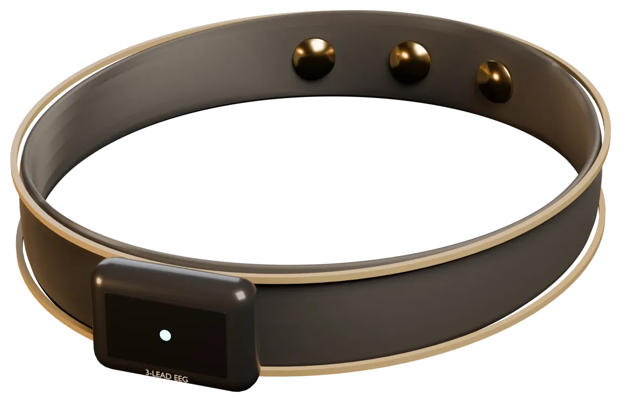 Render of the EEG headband with three dry forehead electrodes and the electronics pod at the back