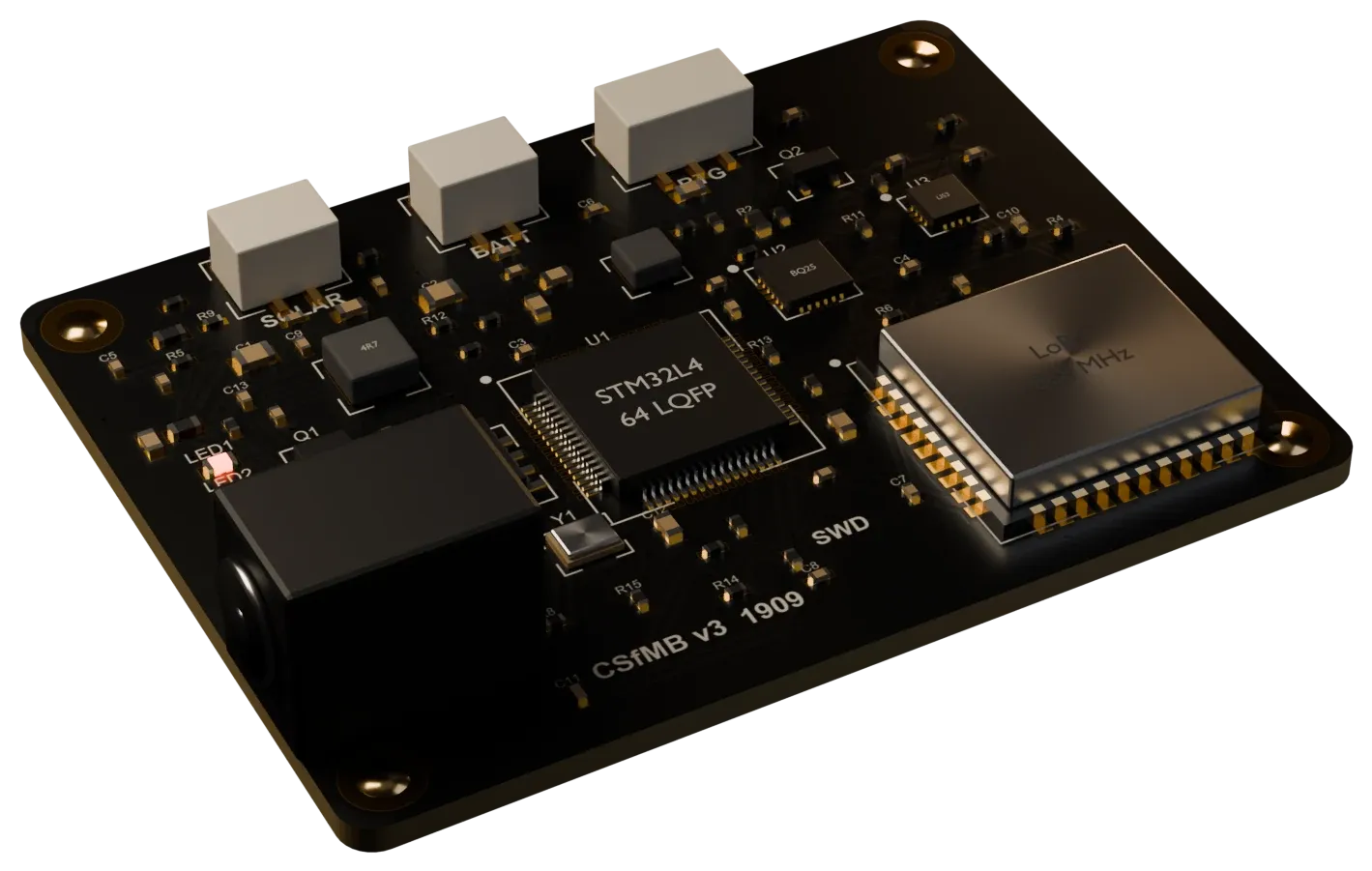 3D view of the LoRa tracker board with its solar and battery inputs and the radio module