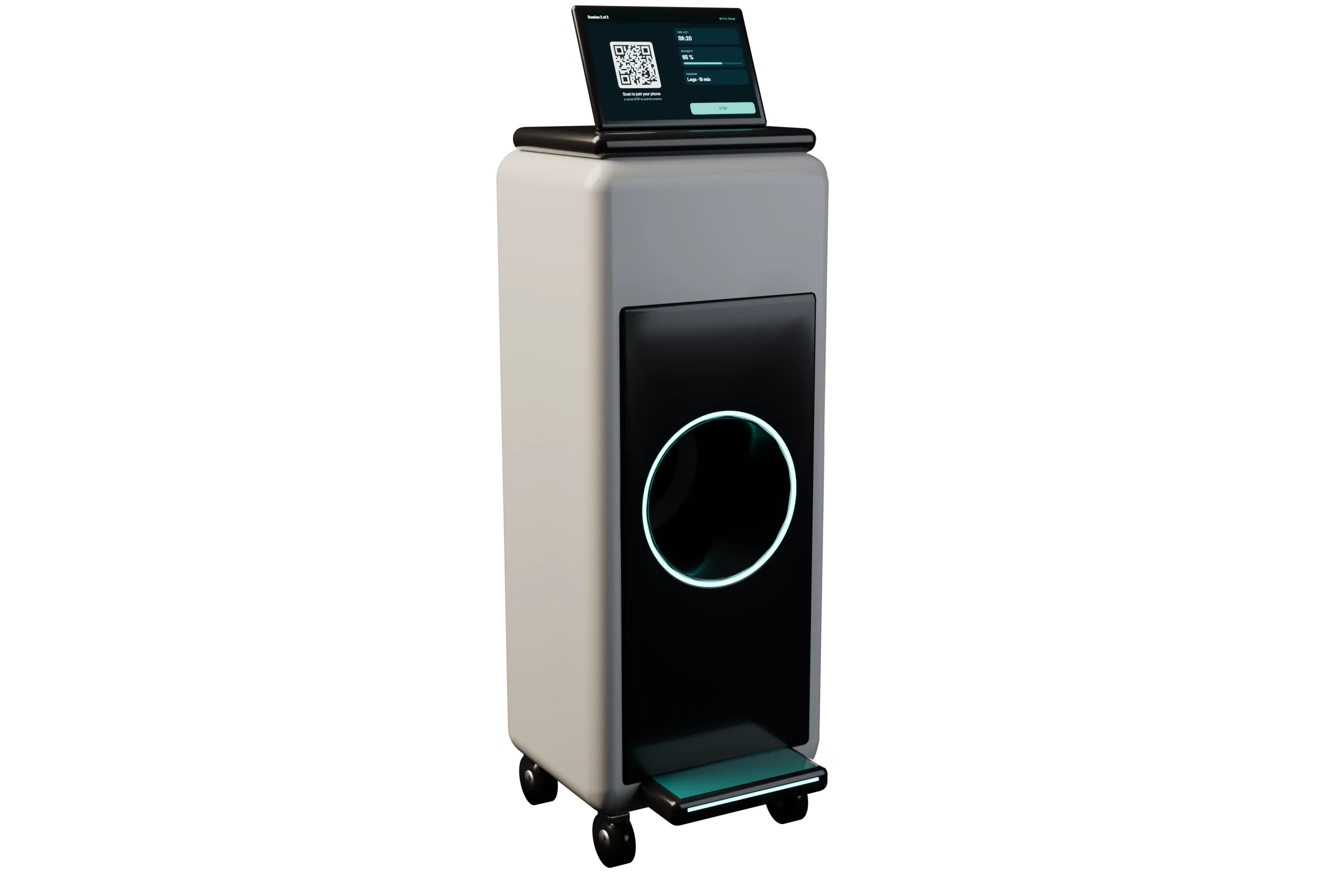 Render of the magnetic therapy cart: a white body with a black front, a round limb opening lit in teal, a footrest and a touchscreen on top
