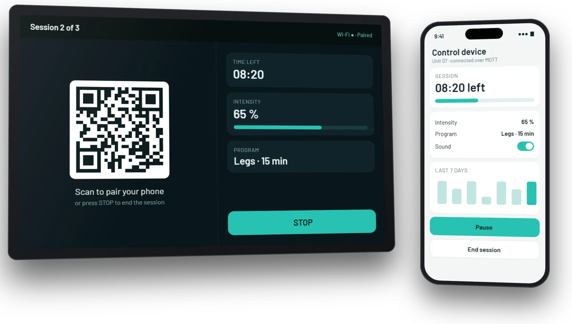 The touchscreen showing a session with time left, intensity and program beside a QR code to pair a phone, and a phone app controlling the same session over MQTT