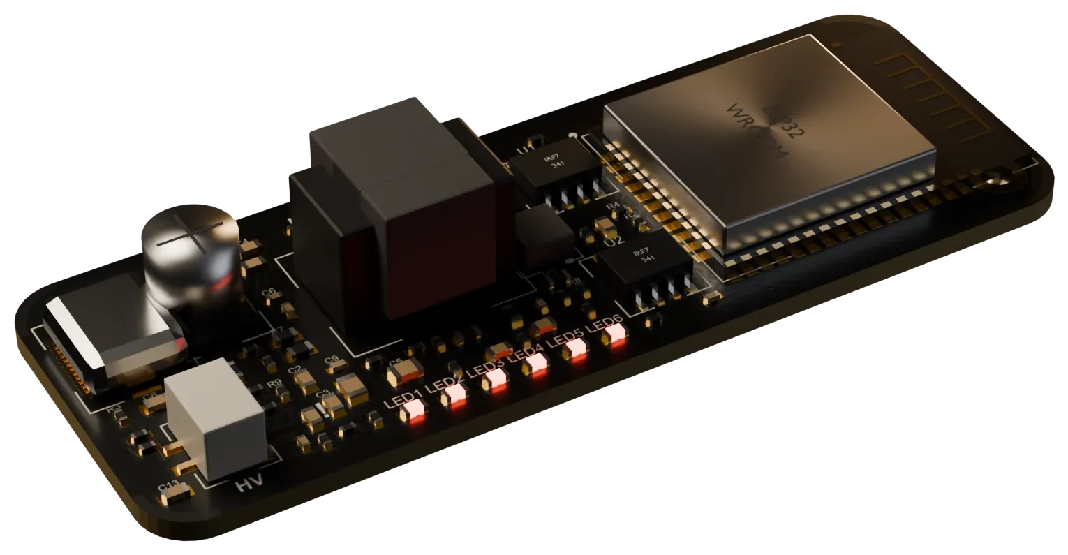 3D render of the stimulator board with its step up transformer, output stage and ESP32 module