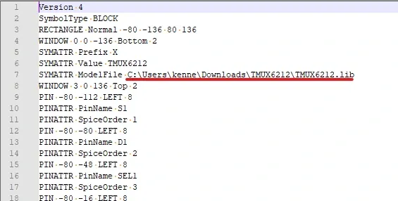 The symbol file with the absolute model path highlighted