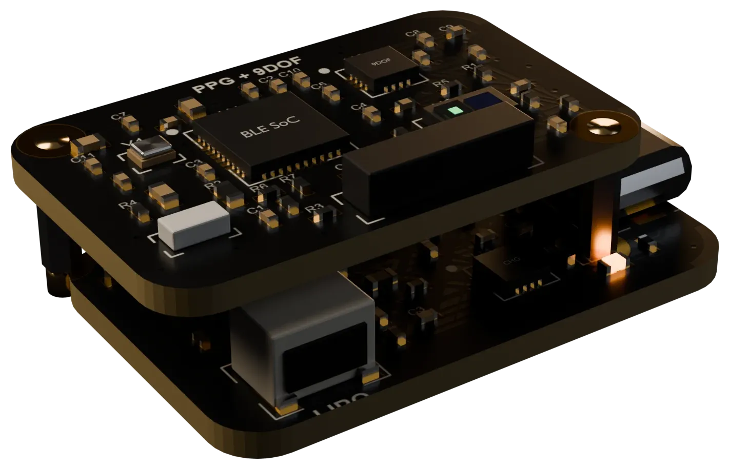 3D render of the wearable electronics: two stacked boards with the BLE SoC, motion sensor and PPG sensor