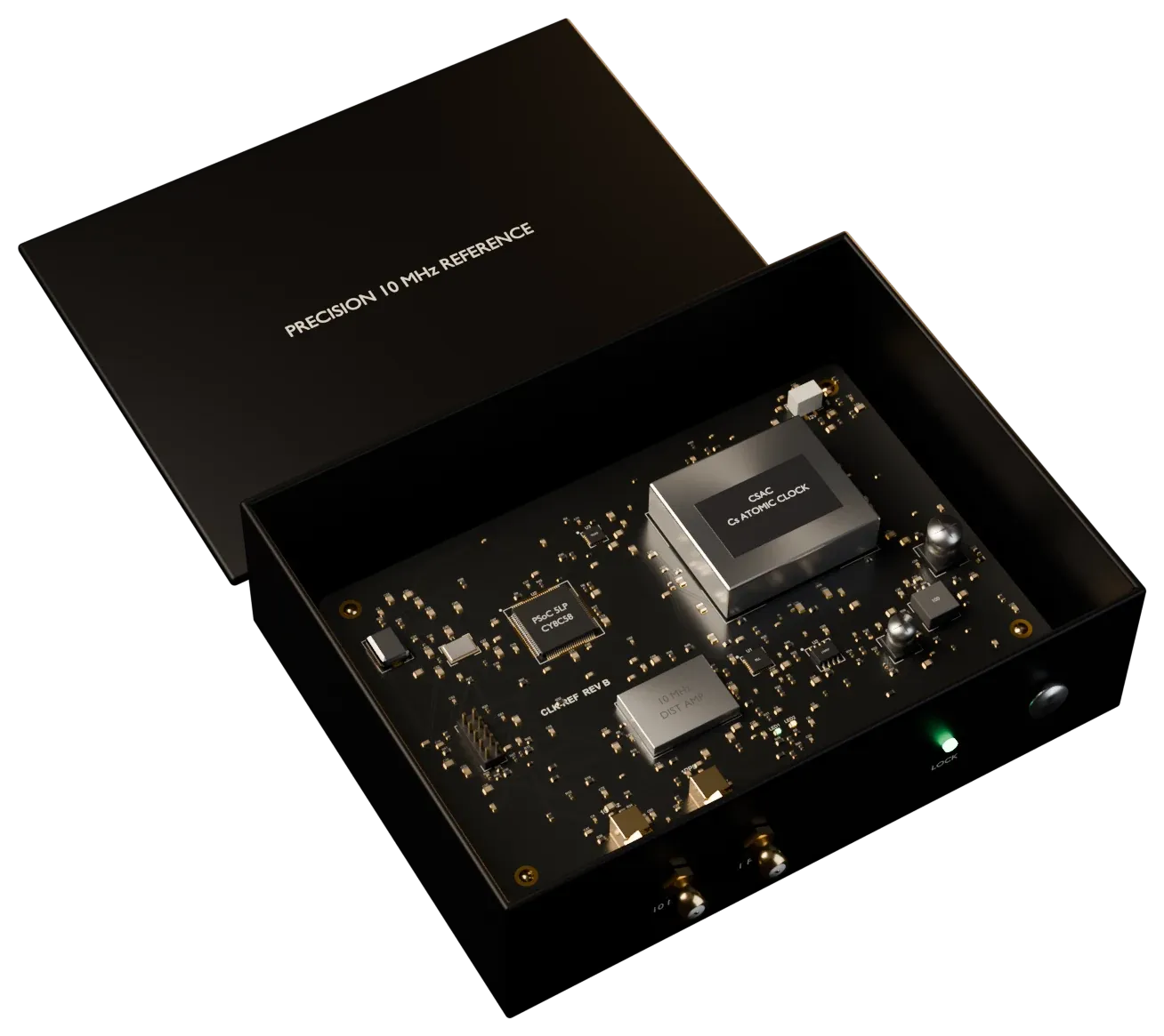 Render of the open black aluminium box with the clock board inside: a PSoC 5LP, a caesium atomic clock module and right angle SMA outputs to the front panel