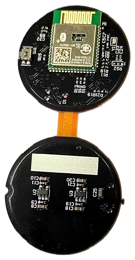 The rigid flex reader: two round boards joined by a flex tail, with the BLE module on top