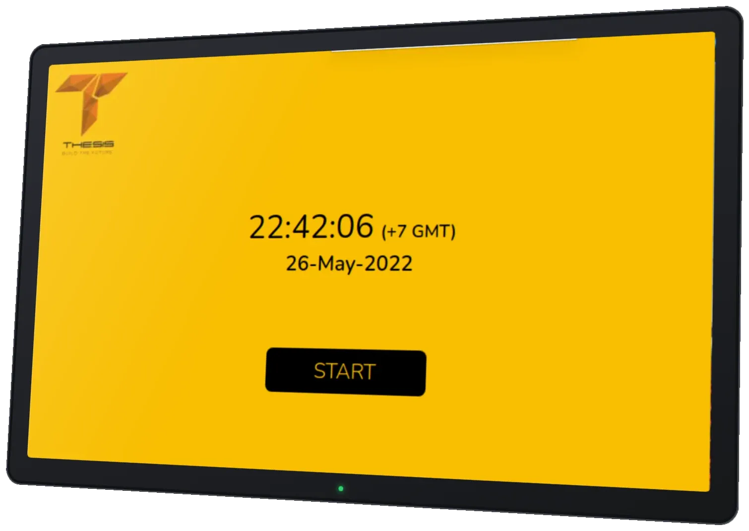 A touch display showing the custom OS start screen with the time, date and a start button