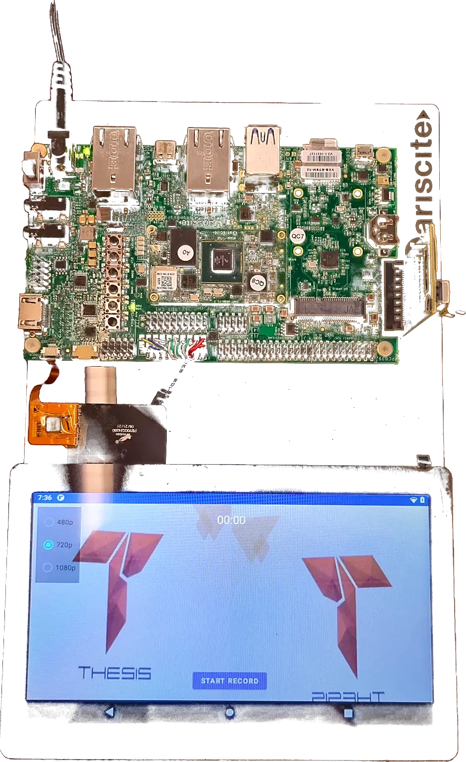 Carrier board with two cameras connected and a touch display showing both camera feeds