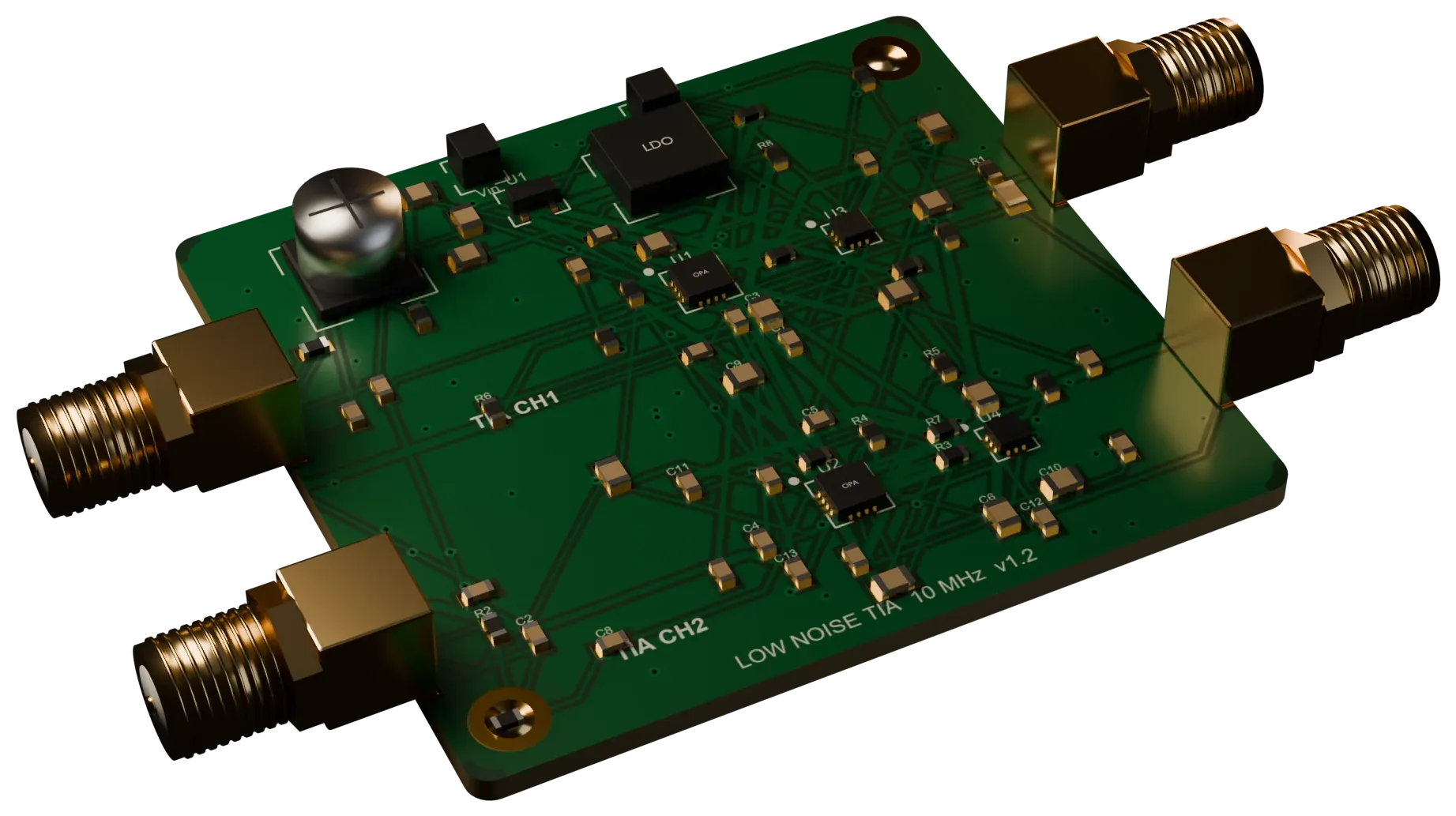 3D render of the two channel transimpedance amplifier board with SMA inputs and outputs on its edges