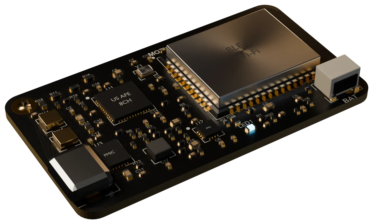3D render of the wearable board with its ultrasound front end, motion sensor and wireless module