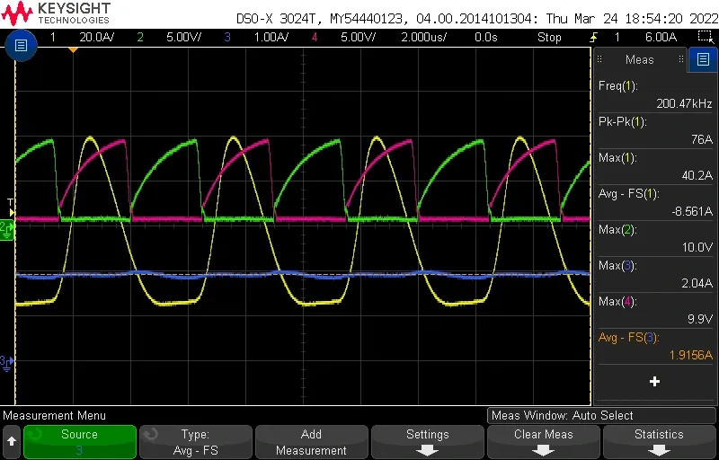 Oscilloscope capture of the two MOSFET gate voltages